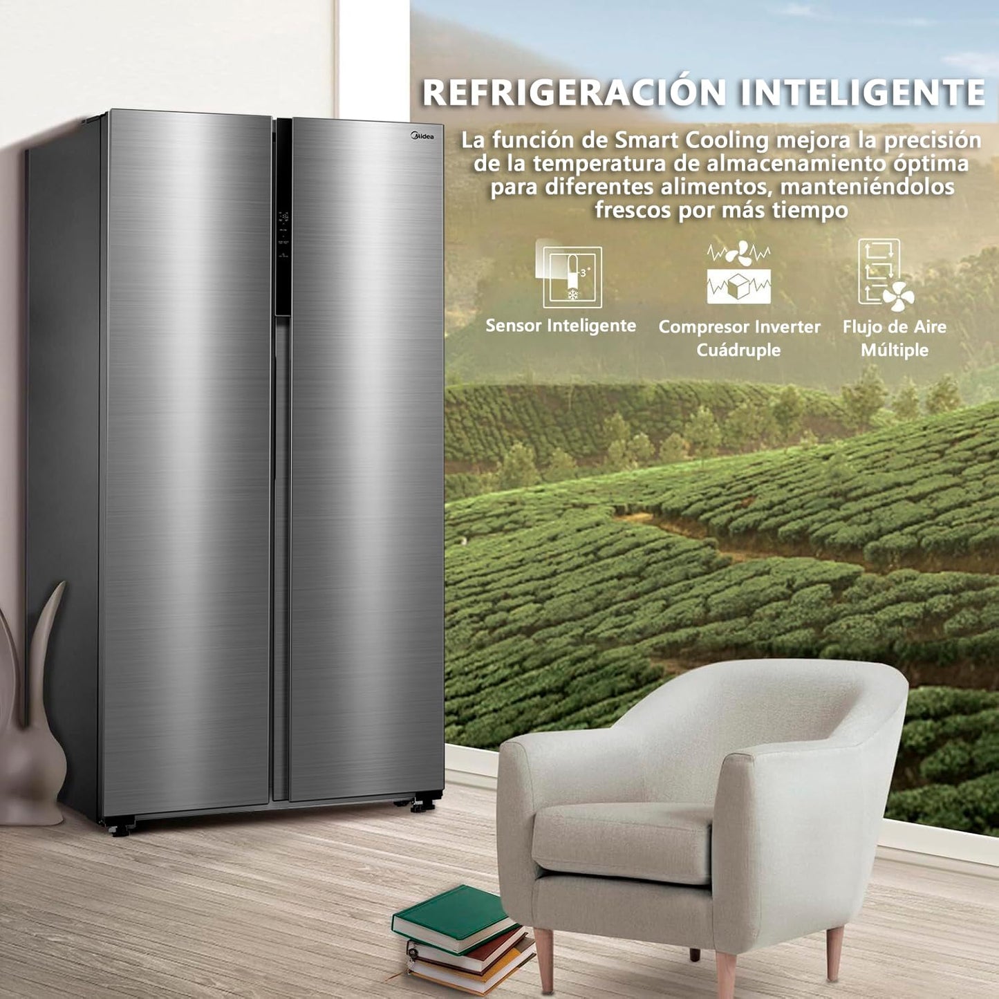 Midea Frigorífico Americano 460L No Frost, 2 Puertas, Congelador 189L, Panel Táctil, WIFI